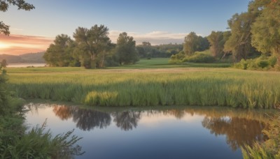 outdoors,sky,day,cloud,water,tree,blue sky,no humans,sunlight,grass,plant,nature,scenery,forest,reflection,sunset,mountain,sun,river,evening,landscape,lake,hill,reflective water,bush,field,gradient sky