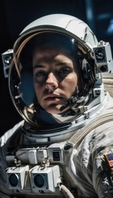 solo,looking at viewer,blue eyes,black hair,1boy,closed mouth,upper body,male focus,signature,blurry,helmet,portrait,reflection,science fiction,realistic,space,american flag,spacesuit,astronaut,multiple boys,pilot suit,planet,earth (planet),spacecraft,pilot,space helmet