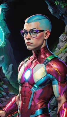 solo,looking at viewer,1boy,closed mouth,green eyes,blue hair,upper body,male focus,glasses,lips,bodysuit,makeup,glowing,science fiction,black-framed eyewear,rock,very short hair,animification,superhero,red bodysuit,blue eyes,muscular,plant,multicolored clothes,realistic