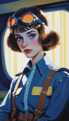 1girl,solo,looking at viewer,blush,short hair,bangs,blue eyes,brown hair,shirt,upper body,parted lips,collared shirt,belt,uniform,lips,window,makeup,suspenders,blue shirt,lipstick,goggles,ground vehicle,motor vehicle,freckles,goggles on head,nose,red lips,police,harness,police uniform,breasts,long sleeves,closed mouth,small breasts,indoors,military,eyelashes,military uniform,buttons,sunlight,bob cut,thick eyebrows,buckle,backlighting,pocket,pink lips,realistic,eyeliner,breast pocket,strap,tinted eyewear,mascara