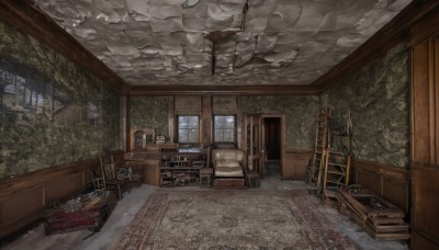 indoors,tree,book,no humans,window,chair,table,sunlight,plant,box,scenery,wooden floor,stairs,door,wall,paintbrush,ruins,shelf,painting (object),carpet,blood,bottle,candle,tile floor,rug,cabinet,wood,wooden chair