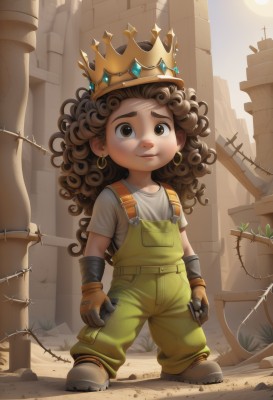 1girl,solo,long hair,smile,brown hair,shirt,gloves,brown eyes,jewelry,standing,full body,white shirt,short sleeves,earrings,outdoors,shoes,dark skin,dark-skinned female,thick eyebrows,crown,plant,child,brown gloves,curly hair,female child,overalls,ruins,looking at viewer,1boy,holding,male focus,boots,artist name,watermark,white footwear,aged down,t-shirt,gem,hoop earrings