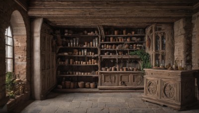 day,indoors,no humans,window,sunlight,bottle,plant,scenery,alcohol,stairs,door,potted plant,wall,brick wall,shelf,arch,barrel,fantasy,vines,jar,stone wall,brick