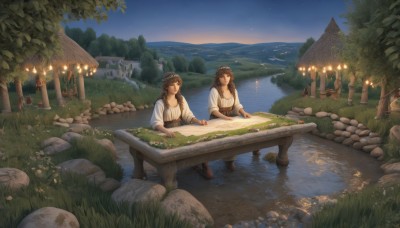 long hair,smile,multiple girls,brown hair,shirt,long sleeves,2girls,brown eyes,sitting,closed mouth,flower,outdoors,sky,water,looking at another,tree,night,ocean,grass,plant,star (sky),nature,night sky,scenery,starry sky,reflection,sunset,lantern,rock,mountain,fantasy,horizon,candle,watercraft,house,bridge,river,boat,lake,pond,breasts,open mouth,bangs,large breasts,dress,cleavage,jewelry,medium breasts,collarbone,white shirt,braid,table,building,instrument,hair over shoulder,music,bush,playing instrument,hill,fireflies