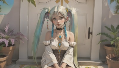 1girl,solo,long hair,breasts,looking at viewer,blush,smile,bangs,shirt,hair ornament,long sleeves,bare shoulders,twintails,brown eyes,jewelry,medium breasts,sitting,very long hair,closed mouth,blue hair,collarbone,braid,multicolored hair,earrings,small breasts,parted lips,detached sleeves,green hair,choker,indoors,wide sleeves,necklace,twin braids,bracelet,two-tone hair,lips,eyelashes,aqua hair,gradient hair,makeup,black choker,plant,gem,corset,pendant,beads,v arms,pink lips,nose,door,potted plant,flower pot,hands on lap,cactus,white shirt,white hair,outdoors,day,artist name,black skirt,tree,ring,own hands together,open door