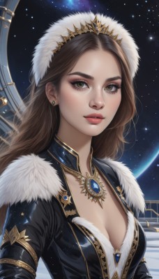 1girl,solo,long hair,breasts,looking at viewer,smile,brown hair,dress,cleavage,brown eyes,jewelry,medium breasts,upper body,earrings,parted lips,sky,necklace,lips,fur trim,eyelashes,makeup,night,crown,gem,star (sky),night sky,starry sky,gold trim,nose,red lips,space,planet,tiara,realistic