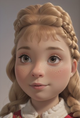 1girl,solo,long hair,looking at viewer,blush,smile,blonde hair,simple background,brown hair,brown eyes,braid,parted lips,grey background,twin braids,lips,eyelashes,portrait,close-up,freckles,realistic,nose,multiple braids,white background,jewelry,closed mouth,brown background,crown braid