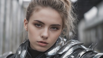 1girl,solo,long hair,looking at viewer,blonde hair,brown hair,jewelry,ponytail,earrings,parted lips,teeth,armor,mole,blurry,lips,grey eyes,mole under eye,depth of field,blurry background,shoulder armor,portrait,close-up,freckles,pauldrons,realistic,knight,short hair,forehead,nose