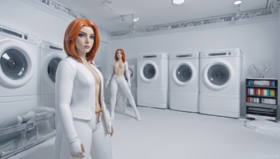 1girl,solo,long hair,breasts,looking at viewer,blue eyes,multiple girls,gloves,navel,medium breasts,standing,jacket,red hair,open clothes,pants,indoors,orange hair,lips,no bra,science fiction,white pants,labcoat,speaker,medium hair,bodysuit,watermark,topless,web address,white bodysuit,jumpsuit