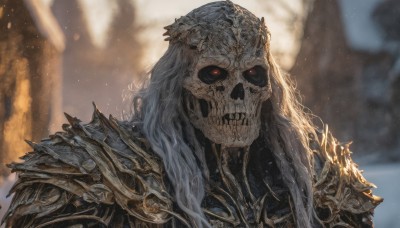 solo,long hair,looking at viewer,red eyes,1boy,upper body,white hair,grey hair,male focus,teeth,artist name,armor,blurry,mask,blurry background,glowing,shoulder armor,portrait,glowing eyes,light particles,colored sclera,pauldrons,skull,black sclera,skeleton,signature,no humans,1other,spikes,shoulder spikes,undead