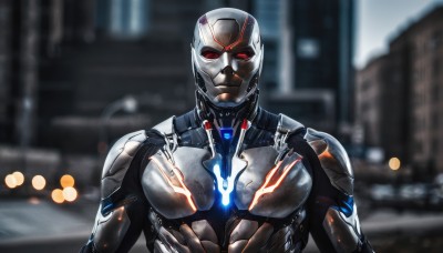 solo,looking at viewer,red eyes,1boy,upper body,male focus,armor,blurry,bodysuit,mask,blurry background,glowing,helmet,building,science fiction,city,straight-on,cyborg,power armor,humanoid robot,outdoors,depth of field,robot,glowing eyes,android