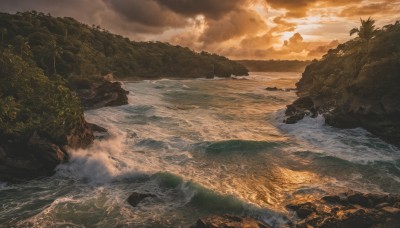 outdoors,sky,cloud,water,tree,dutch angle,no humans,ocean,beach,cloudy sky,nature,scenery,forest,sunset,mountain,sand,horizon,river,waves,landscape,shore,cliff,rock,palm tree,island