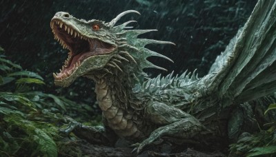 solo,open mouth,red eyes,tail,outdoors,wings,sky,teeth,tongue,cloud,no humans,leaf,fangs,cloudy sky,sharp teeth,rain,monster,dragon,scales,kaijuu,horns,nature,claws