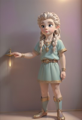 1girl,solo,long hair,blue eyes,skirt,blonde hair,dress,holding,jewelry,standing,full body,braid,short sleeves,boots,belt,necklace,twin braids,bracelet,lips,aged down,child,hair over shoulder,pendant,realistic,female child,shoes,socks,artist name,blue dress,brown footwear,candle,aqua dress