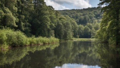 outdoors,sky,day,cloud,water,tree,blue sky,no humans,sunlight,cloudy sky,grass,nature,scenery,forest,reflection,river,landscape,lake,reflective water