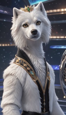 solo,looking at viewer,brown eyes,jewelry,yellow eyes,upper body,belt,blurry,vest,no humans,night,blurry background,animal,crown,gem,colored sclera,dog,animal focus,white fur,wolf,blue gemstone,red gemstone,closed mouth,artist name,signature,necklace