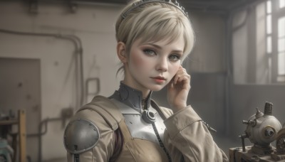 1girl,solo,looking at viewer,short hair,blonde hair,long sleeves,brown eyes,upper body,artist name,indoors,hair bun,armor,blurry,lips,grey eyes,window,depth of field,blurry background,single hair bun,robot,hand on own face,realistic,nose,red lips,blush,bangs,jewelry,closed mouth,hairband,earrings,hand up,nail polish,eyelashes,makeup,zipper,science fiction