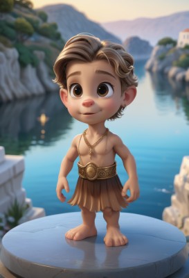 solo,looking at viewer,smile,short hair,brown hair,1boy,brown eyes,jewelry,standing,full body,male focus,earrings,outdoors,barefoot,day,water,necklace,blurry,depth of field,blurry background,pectorals,child,reflection,topless male,male child,river,lake,skirt,chibi,muscular,mountain,very short hair