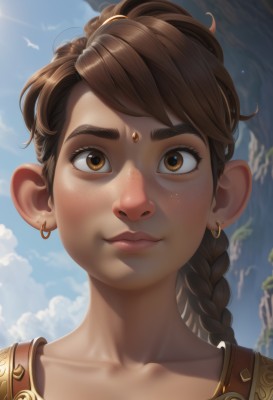 1girl,solo,long hair,looking at viewer,smile,brown hair,brown eyes,jewelry,closed mouth,collarbone,braid,earrings,outdoors,sky,day,artist name,cloud,dark-skinned female,blue sky,lips,single braid,bird,thick eyebrows,portrait,close-up,freckles,circlet,realistic,nose,bangs,ponytail,armor,eyelashes,cloudy sky