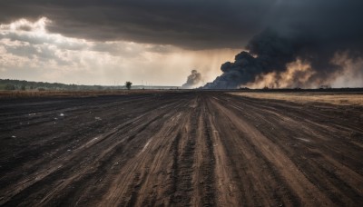 outdoors,sky,day,cloud,tree,no humans,cloudy sky,ground vehicle,scenery,smoke,road,landscape,railroad tracks,water,ocean,nature,field