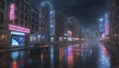 outdoors,sky,cloud,water,no humans,window,night,cloudy sky,ground vehicle,building,night sky,scenery,motor vehicle,reflection,rain,city,sign,car,road,cityscape,lamppost,street,skyscraper,puddle,city lights,neon lights,science fiction,dark,crosswalk