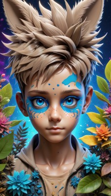 solo,looking at viewer,short hair,blue eyes,blonde hair,brown hair,shirt,1boy,animal ears,closed mouth,collarbone,jacket,upper body,flower,male focus,outdoors,open clothes,sky,artist name,hood,lips,fox ears,eyelashes,makeup,leaf,blue background,facial mark,plant,spiked hair,portrait,star (sky),extra ears,pink flower,eyeshadow,zipper,starry sky,freckles,blue flower,nose,facepaint,straight-on,night,glowing,child,night sky,male child