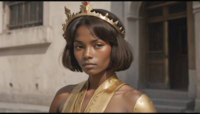 1girl,solo,looking at viewer,short hair,brown hair,black hair,bare shoulders,brown eyes,jewelry,closed mouth,upper body,dark skin,blurry,dark-skinned female,lips,blurry background,tiara,crown,portrait,realistic,nose,very dark skin,letterboxed