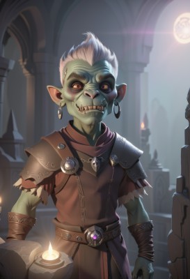 solo,looking at viewer,smile,short hair,red eyes,1boy,holding,jewelry,standing,weapon,white hair,male focus,cowboy shot,earrings,teeth,pointy ears,belt,artist name,indoors,armor,orange eyes,torn clothes,book,blood,glowing,colored skin,scar,shoulder armor,colored sclera,pauldrons,shield,black sclera,candle,bracer,green skin,shoulder pads,pillar,tunic,orc,goblin,yellow eyes,grey hair,fangs,piercing,sharp teeth,black nails,skull,hoop earrings,yellow sclera,mohawk,tusks,nose piercing,fangs out