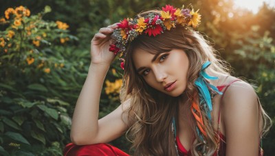 1girl,solo,long hair,breasts,looking at viewer,brown hair,hair ornament,ribbon,cleavage,bare shoulders,brown eyes,sitting,closed mouth,hair ribbon,upper body,flower,outdoors,sleeveless,day,artist name,signature,blurry,lips,depth of field,blurry background,wavy hair,blue ribbon,nature,freckles,realistic,nose,head wreath,orange flower,dress,parted lips,hair flower,eyelashes,leaf,red dress,sunlight,squatting,thick eyebrows,plant,red flower,wreath