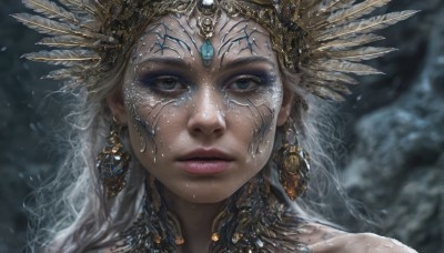 1girl,solo,long hair,looking at viewer,blue eyes,hair ornament,jewelry,closed mouth,white hair,grey hair,earrings,teeth,artist name,necklace,blurry,lips,grey eyes,eyelashes,makeup,depth of field,blurry background,feathers,gem,portrait,realistic,headdress,straight-on,bare shoulders,close-up