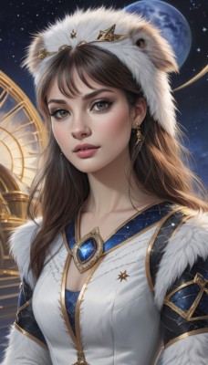 1girl,solo,long hair,breasts,looking at viewer,bangs,brown hair,hat,cleavage,brown eyes,jewelry,medium breasts,collarbone,upper body,earrings,parted lips,sky,artist name,star (symbol),black eyes,lips,fur trim,eyelashes,makeup,night,moon,gem,star (sky),night sky,starry sky,freckles,realistic,nose,space,planet,fur hat,constellation,dress