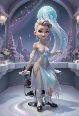 elsa (frozen),1girl,solo,long hair,breasts,looking at viewer,smile,blue eyes,blonde hair,thighhighs,dress,cleavage,bare shoulders,jewelry,medium breasts,standing,full body,braid,flower,white hair,earrings,small breasts,boots,detached sleeves,sky,indoors,necklace,high heels,white thighhighs,tree,lips,see-through,strapless,makeup,night,blue dress,chair,aged down,lipstick,star (sky),night sky,strapless dress,eyeshadow,stool,vase,very long hair,multicolored hair,parted lips,nail polish,bracelet,two-tone hair,watermark,gem,web address,side slit,mascara