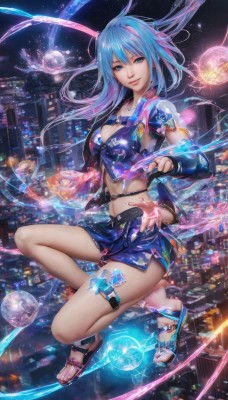 1girl,solo,long hair,breasts,looking at viewer,smile,blue eyes,skirt,gloves,navel,cleavage,jewelry,medium breasts,blue hair,full body,pink hair,multicolored hair,sky,midriff,miniskirt,fingerless gloves,nail polish,high heels,feet,lips,blue skirt,thigh strap,toes,night,sandals,floating,blue nails,toenails,city,toenail polish,cityscape,toeless footwear,city lights,shorts,necklace,bracelet,ring,space,planet