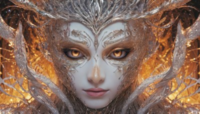 1girl,solo,looking at viewer,closed mouth,yellow eyes,artist name,lips,orange eyes,eyelashes,colored skin,fire,slit pupils,portrait,close-up,scales,straight-on,eye focus,orange hair,makeup,watermark,orange background,orange theme