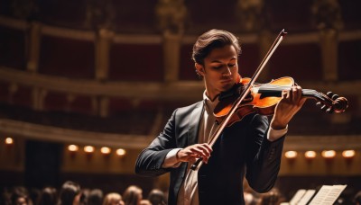 solo,short hair,brown hair,shirt,long sleeves,1boy,holding,jewelry,closed mouth,jacket,closed eyes,white shirt,upper body,male focus,necktie,solo focus,collared shirt,indoors,dark skin,blurry,black jacket,blurry background,formal,suit,instrument,music,playing instrument,holding instrument,crowd,violin,piano,bow (music),black hair,bow,standing,grey hair,signature,bowtie,vest,dress shirt,depth of field,backlighting,realistic,black suit,suit jacket