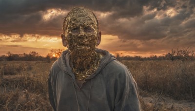 solo,looking at viewer,blue eyes,1boy,jacket,upper body,male focus,outdoors,sky,cloud,hood,tree,hoodie,mask,hood down,cloudy sky,grass,nature,scenery,science fiction,sunset,realistic,field,blonde hair,grey hoodie