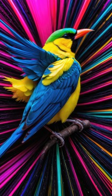 solo,closed mouth,weapon,wings,sword,black eyes,pokemon (creature),no humans,bird,animal,feathers,realistic,animal focus,multicolored background,colorful,talons,beak,spread wings,parrot,full body,flying,emphasis lines