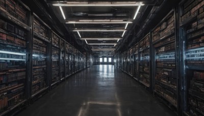 indoors,water,book,no humans,window,sunlight,scenery,reflection,light rays,bookshelf,library,ceiling,science fiction,ceiling light,reflective floor