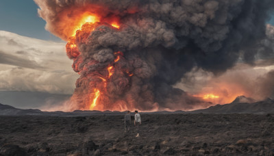 1boy, outdoors, sky, cloud, fire, scenery, smoke, molten rock