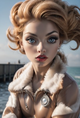 1girl,solo,breasts,looking at viewer,blue eyes,blonde hair,jewelry,jacket,upper body,earrings,outdoors,parted lips,sky,teeth,day,artist name,water,blurry,blue sky,lips,coat,fur trim,eyelashes,makeup,depth of field,blurry background,ocean,lipstick,wind,zipper,freckles,fur collar,curly hair,realistic,nose,red lips,mascara,short hair,brown hair,cloud,floating hair,watermark,brown jacket,fur-trimmed jacket