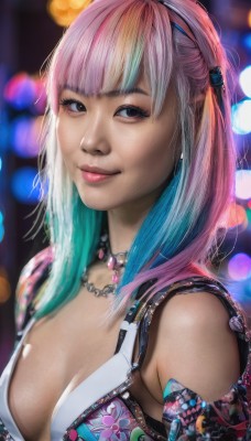 1girl,solo,long hair,breasts,looking at viewer,smile,bangs,cleavage,bare shoulders,brown eyes,jewelry,medium breasts,closed mouth,blue hair,upper body,pink hair,multicolored hair,hairband,necklace,blurry,black eyes,two-tone hair,lips,aqua hair,gradient hair,makeup,depth of field,blurry background,realistic,nose,bokeh,swimsuit,bikini,bikini top only