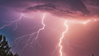 solo,outdoors,sky,cloud,tree,no humans,cloudy sky,nature,scenery,forest,silhouette,electricity,lightning,sunset,landscape