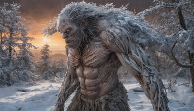 solo,long hair,1boy,navel,yellow eyes,weapon,white hair,male focus,outdoors,teeth,sword,tree,orange eyes,muscular,glowing,facial hair,abs,muscular male,glowing eyes,beard,snow,veins,topless male,mountain,bare tree,sky,cloud,pectorals,nature,monster,sunrise