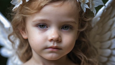 1girl,solo,long hair,looking at viewer,blonde hair,simple background,brown hair,hair ornament,brown eyes,closed mouth,flower,wings,hair flower,blurry,lips,eyelashes,depth of field,wavy hair,portrait,feathered wings,close-up,freckles,angel wings,realistic,nose,white wings,angel