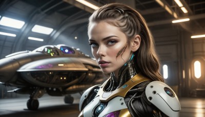 HQ,1girl,solo,long hair,looking at viewer,blue eyes,brown hair,upper body,indoors,armor,lips,grey eyes,bodysuit,makeup,forehead,freckles,science fiction,realistic,aircraft,nose,hair pulled back,spacecraft,parted lips,robot,airplane,cyberpunk