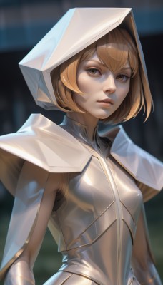 1girl,solo,breasts,looking at viewer,short hair,bangs,blonde hair,simple background,brown hair,dress,hair between eyes,brown eyes,closed mouth,upper body,small breasts,parted lips,shiny,hood,armor,blurry,lips,see-through,capelet,blurry background,bob cut,black background,hood up,nose,arms at sides,cape,shoulder armor,breastplate