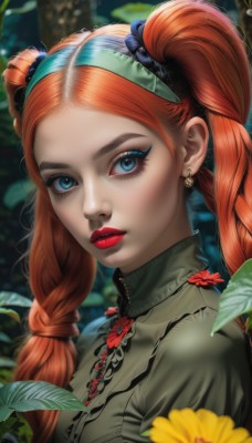 1girl,solo,long hair,looking at viewer,blue eyes,hair ornament,twintails,jewelry,upper body,braid,flower,red hair,hairband,earrings,outdoors,artist name,orange hair,blurry,twin braids,lips,eyelashes,makeup,depth of field,blurry background,leaf,lipstick,portrait,eyeshadow,realistic,yellow flower,red lips,mascara,bangs,shirt,parted lips,forehead,nose,green shirt,eyeliner