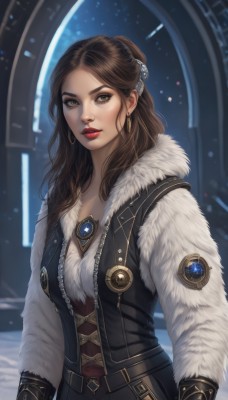 1girl,solo,long hair,breasts,looking at viewer,brown hair,hair ornament,gloves,long sleeves,cleavage,brown eyes,jewelry,medium breasts,upper body,earrings,parted lips,belt,mole,blurry,vest,lips,coat,fur trim,makeup,blurry background,lipstick,gem,snow,snowing,nose,red lips,realistic