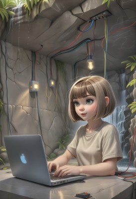 1girl,solo,smile,short hair,open mouth,bangs,blue eyes,brown hair,shirt,sitting,white shirt,upper body,short sleeves,small breasts,parted lips,indoors,blunt bangs,water,lips,leaf,bob cut,plant,t-shirt,science fiction,cable,computer,monitor,laptop,waterfall,stylus,mouse (computer),wire,drawing tablet,blush,eyelashes,window,sunlight,nose,wall,ruins,overgrown,ivy