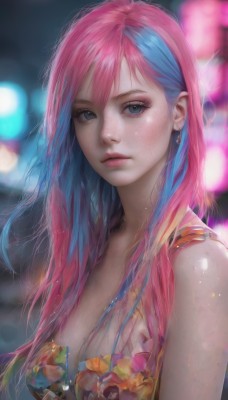 1girl,solo,long hair,breasts,looking at viewer,bangs,blue eyes,dress,cleavage,bare shoulders,jewelry,medium breasts,closed mouth,blue hair,upper body,pink hair,multicolored hair,earrings,sleeveless,artist name,blurry,two-tone hair,lips,grey eyes,eyelashes,makeup,depth of field,blurry background,watermark,floral print,web address,freckles,realistic,nose,bokeh,hair between eyes,swimsuit,flower,bikini,shiny,necklace,streaked hair,wet,expressionless,pink flower,eyeshadow,pink lips,wet hair,mascara